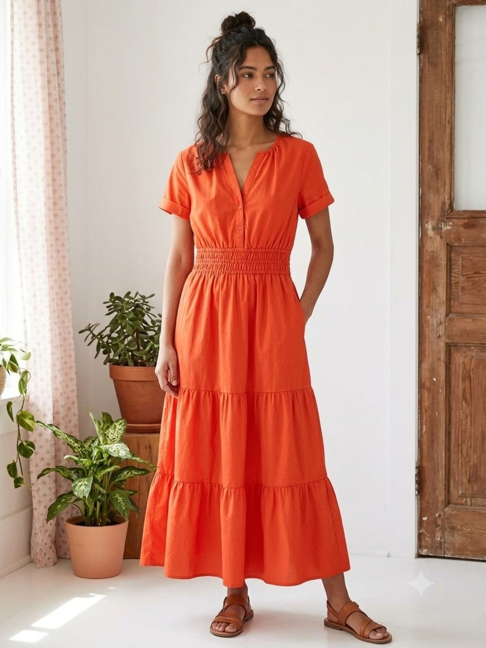 Indigo Rose Women's Orange Tiered Maxi Dress with Smocked Waist